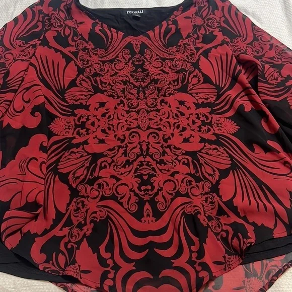 **$8 FINAL SALE** Roz & Ali Red Black Rhinestone 3/4 Sleeve Blouse Petite Large - Picture 2 of 6